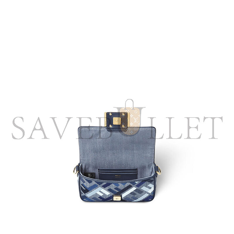 FENDI BAGUETTE MINI BLUE CANVAS BAG WITH FF EMBROIDERY 8BS017AV11F1LAZ (19.5*11*5cm)